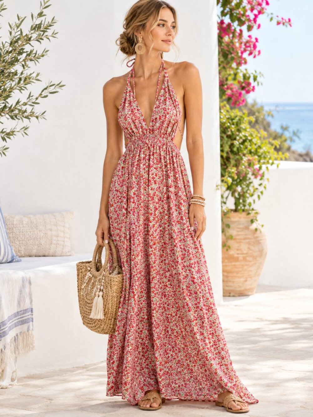 KARLIE Empire Waist Orange Pink Floral Halter Maxi Dress Large Boho Coastal NEW